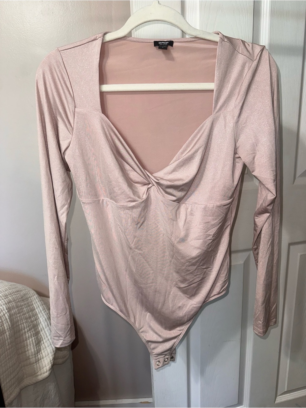 Express Pale Pink Long-Sleeve Twist-Front Bodysuit